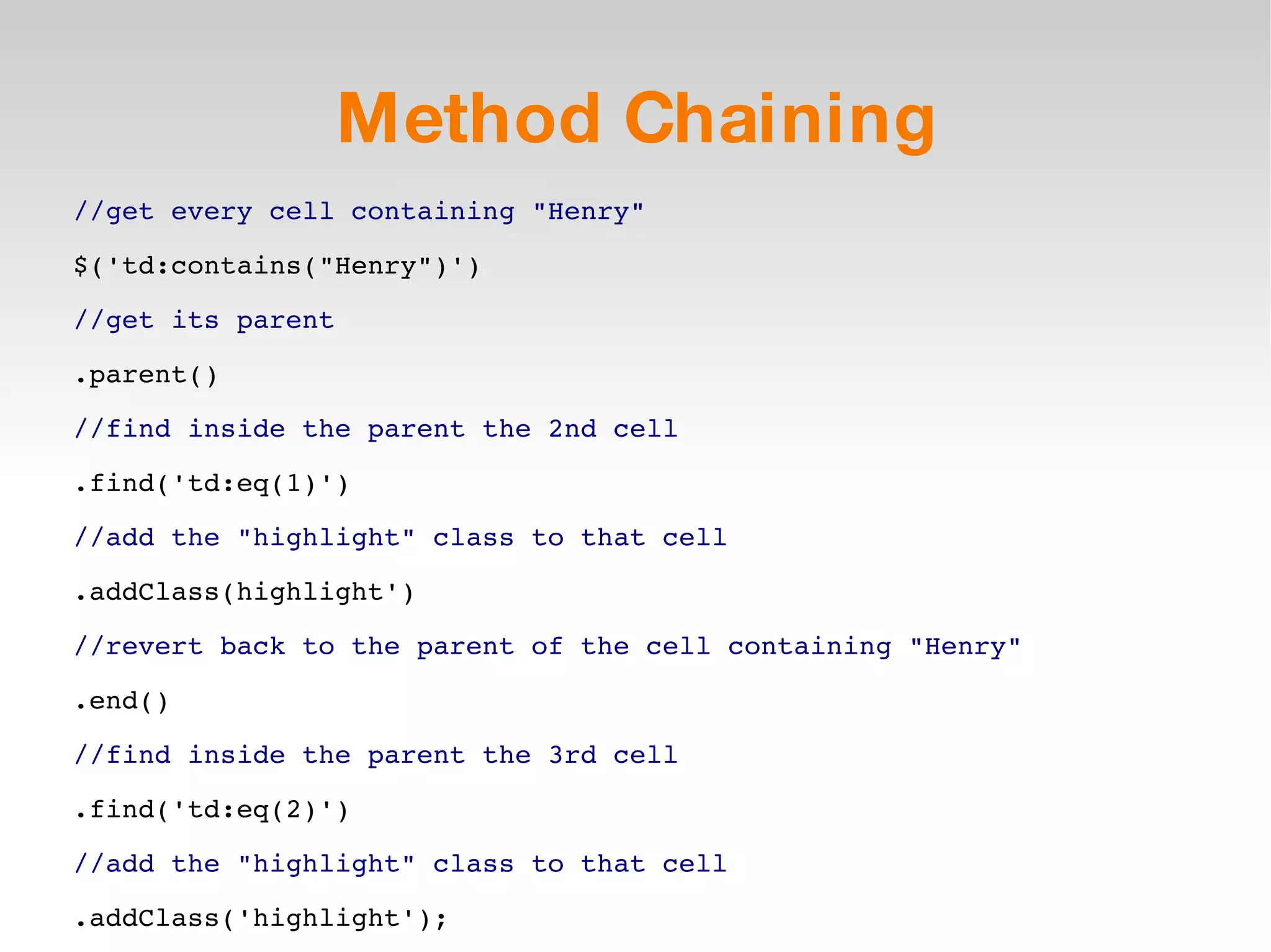 Method Chaining //get every cell containing &quot;Henry&quot; $('td:contains(&quot;Henry&quot;)') //get its parent .parent() //find inside the parent the 2nd cell .find('td:eq(1)') //add the &quot;highlight&quot; class to that cell .addClass(highlight') //revert back to the parent of the cell containing &quot;Henry&quot; .end() //find inside the parent the 3rd cell .find('td:eq(2)') //add the &quot;highlight&quot; class to that cell .addClass('highlight'); 