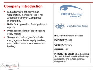 Company Introduction Subsidiary of First Advantage Corporation, member of the First American Family of Companies (Fortune 500) Nation's #1 provider of merged credit reports Processes millions of credit reports every month Serves a broad range of markets: mortgage and home equity lenders, automotive dealers, and consumer lending INDUSTRY:  Financial Services EMPLOYEES:  600 GEOGRAPHY:  US PRODUCT(S) USED:  SFA, Service & Support, 4 downloaded AppExchange applications and 6 AppExchange components # USERS:  230 