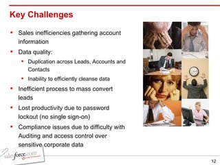 Key Challenges  Sales inefficiencies gathering account information  Data quality: Duplication across Leads, Accounts and Contacts Inability to efficiently cleanse data Inefficient process to mass convert leads  Lost productivity due to password lockout (no single sign-on) Compliance issues due to difficulty with Auditing and access control over sensitive corporate data 