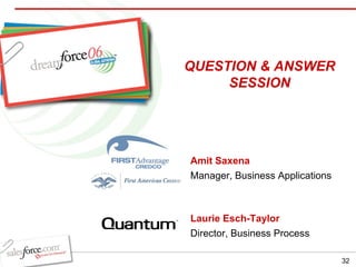 QUESTION & ANSWER SESSION Amit Saxena Manager, Business Applications Laurie Esch-Taylor Director, Business Process 