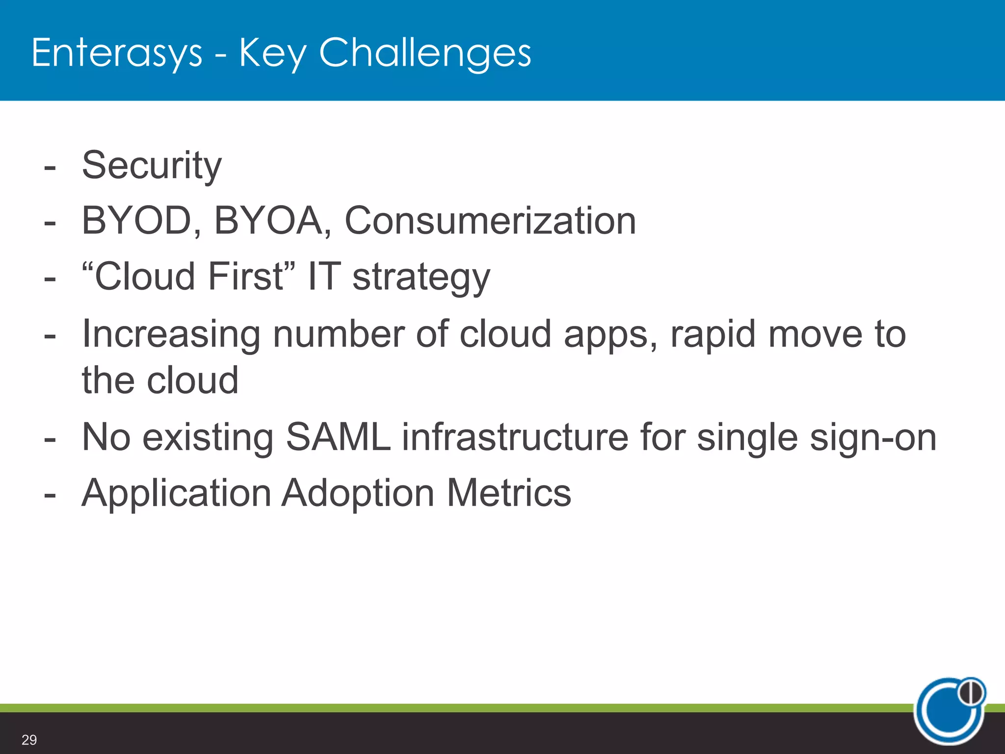 Enterasys - Key Challenges
-  Security
-  BYOD, BYOA, Consumerization
-  “Cloud First” IT strategy
-  Increasing number of cloud apps, rapid move to
the cloud
-  No existing SAML infrastructure for single sign-on
-  Application Adoption Metrics
29
 