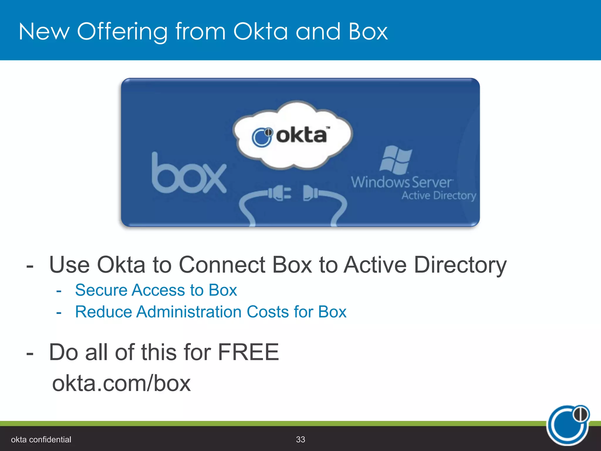New Offering from Okta and Box
-  Use Okta to Connect Box to Active Directory
-  Secure Access to Box
-  Reduce Administration Costs for Box
-  Do all of this for FREE
okta.com/box
okta confidential 33
 
