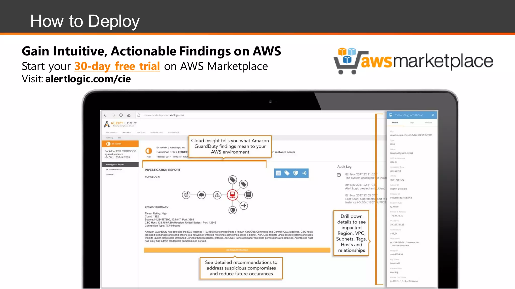 How to Deploy
Gain Intuitive, Actionable Findings on AWS
Start your 30-day free trial on AWS Marketplace
Visit: alertlogic.com/cie
 