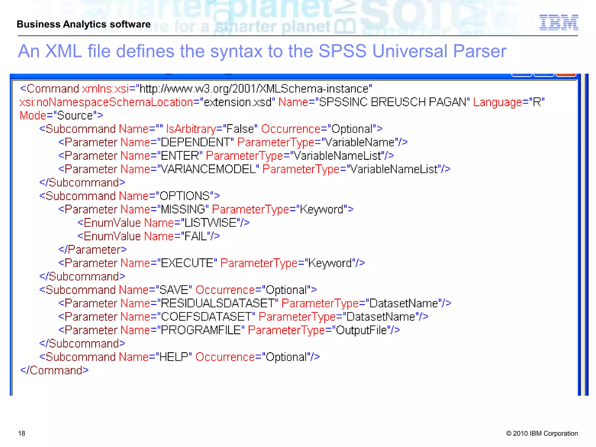 © 2010 IBM Corporation
Business Analytics software
18
An XML file defines the syntax to the SPSS Universal Parser
 