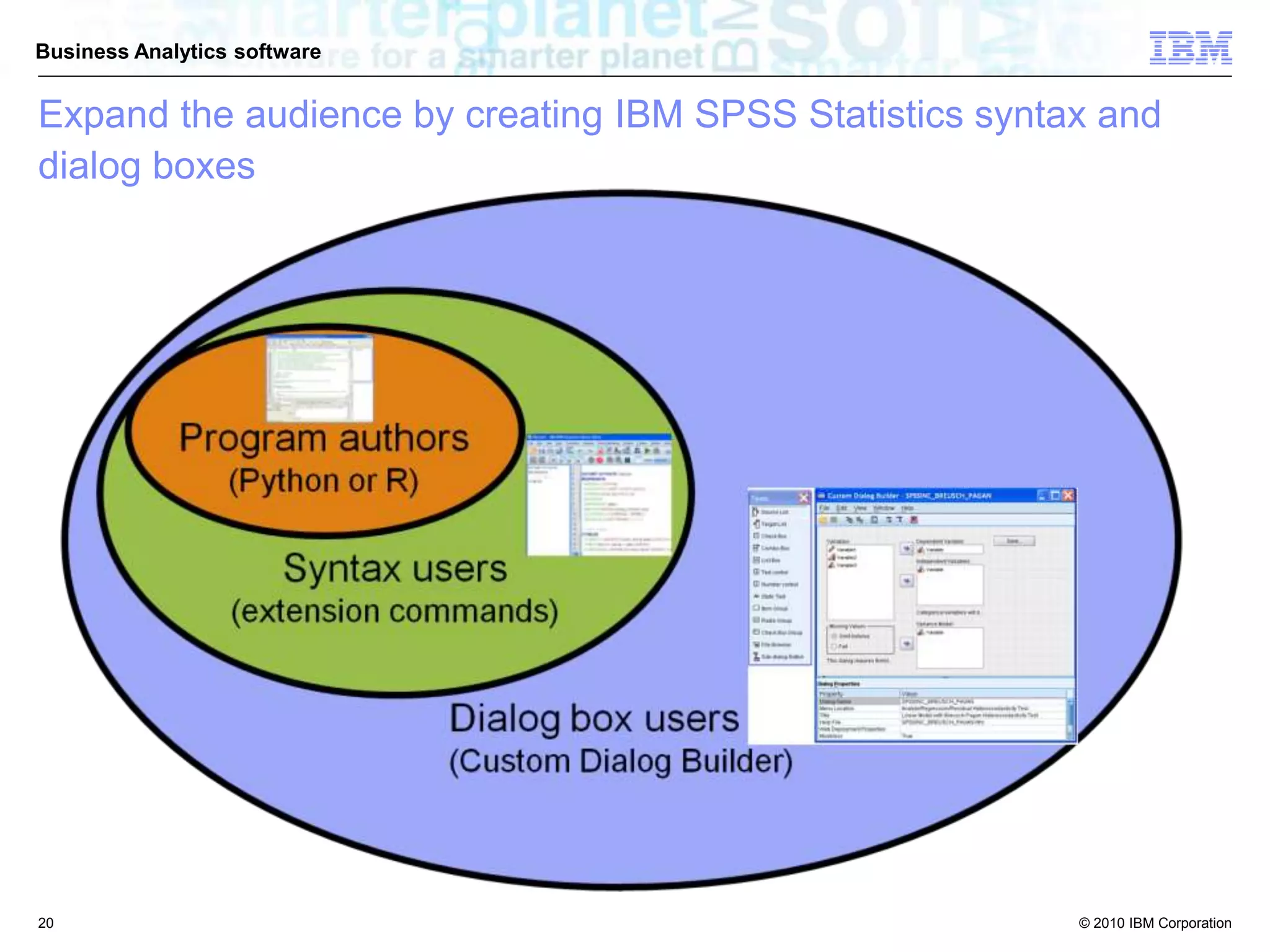 © 2010 IBM Corporation
Business Analytics software
Expand the audience by creating IBM SPSS Statistics syntax and
dialog boxes
20
 