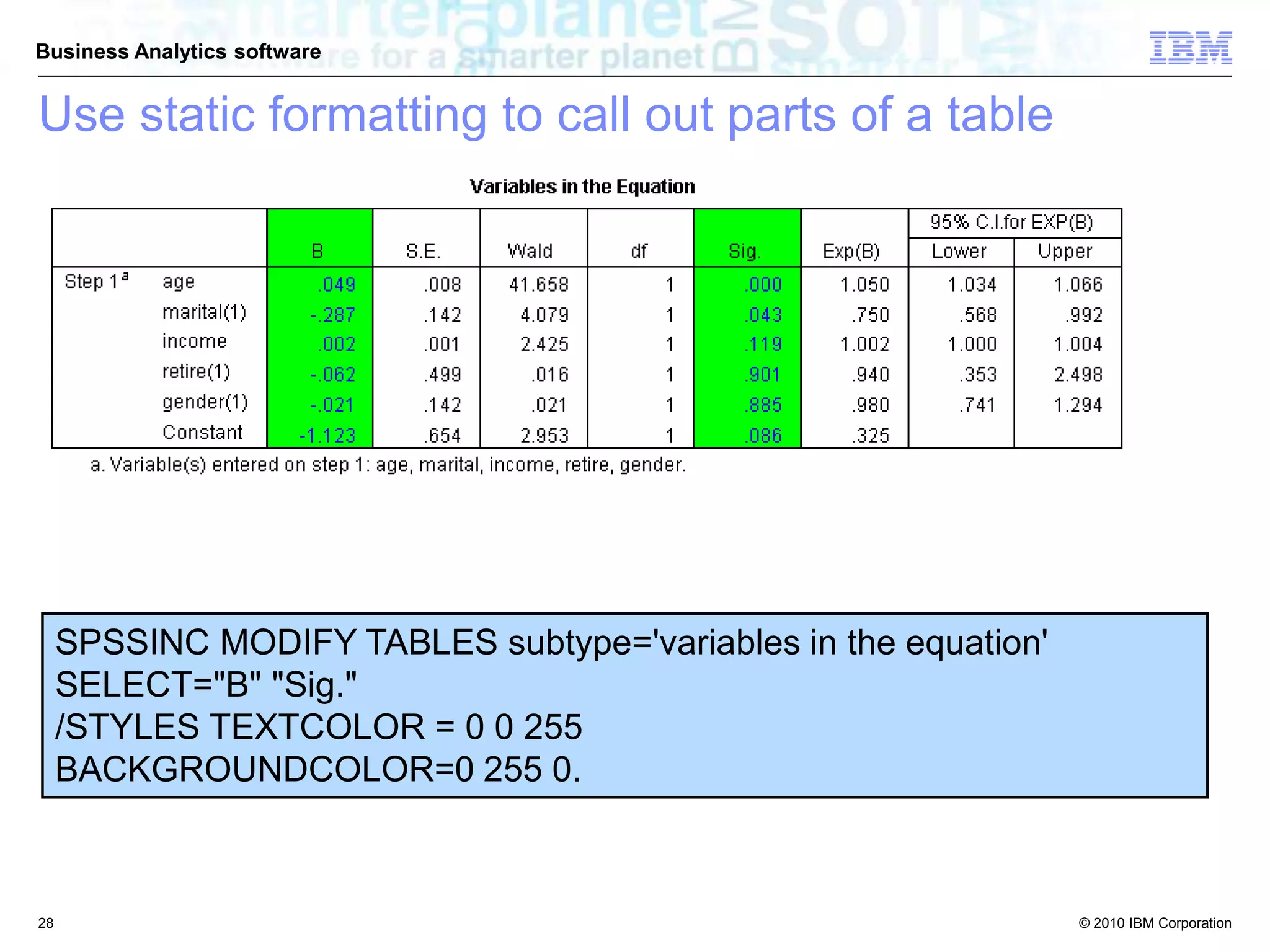 © 2010 IBM Corporation
Business Analytics software
SPSSINC MODIFY TABLES subtype='variables in the equation'
SELECT="B" "Sig."
/STYLES TEXTCOLOR = 0 0 255
BACKGROUNDCOLOR=0 255 0.
28
Use static formatting to call out parts of a table
 