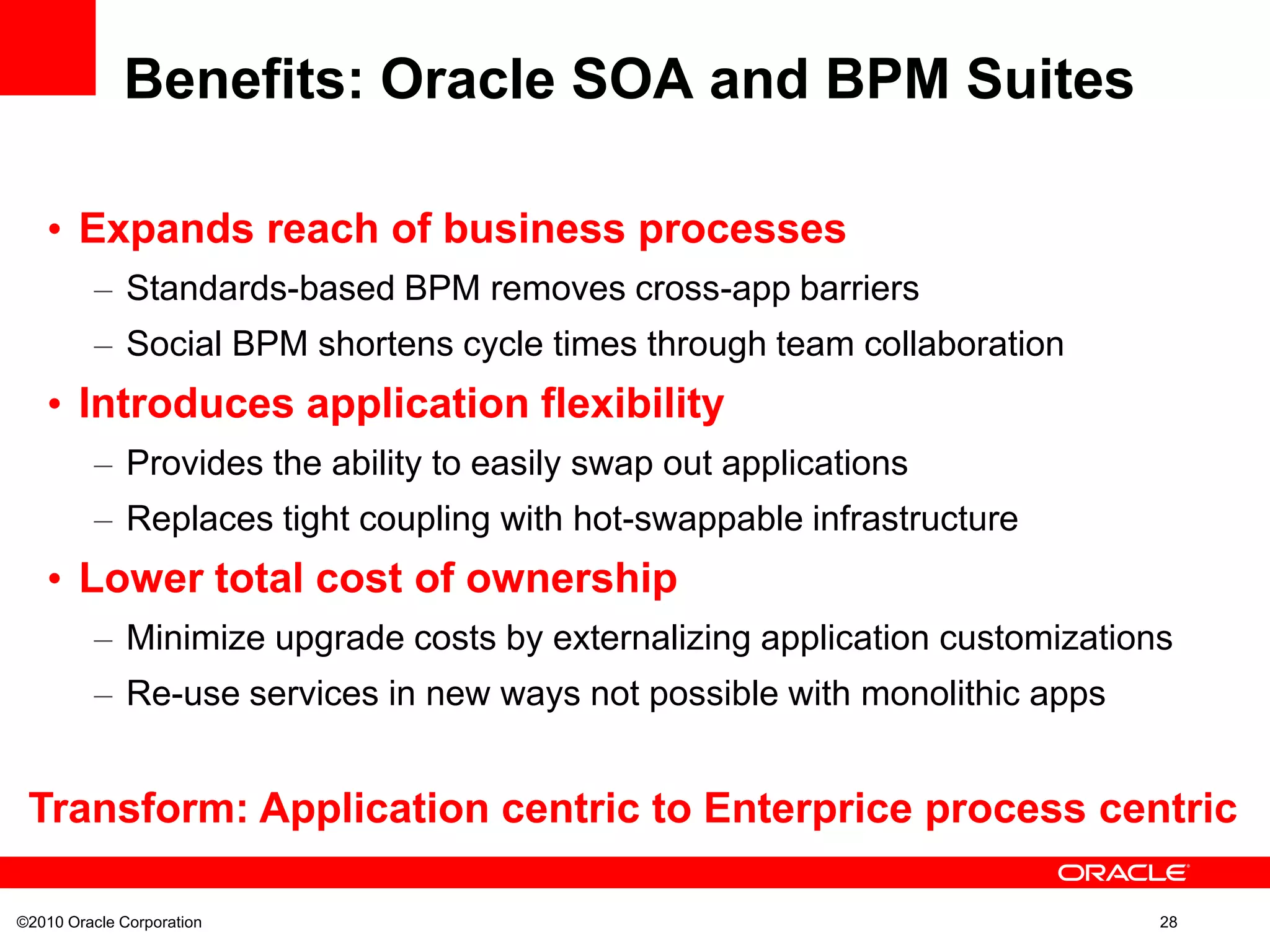 ©2010 Oracle Corporation 28
Benefits: Oracle SOA and BPM Suites
• Expands reach of business processes
– Standards-based BPM removes cross-app barriers
– Social BPM shortens cycle times through team collaboration
• Introduces application flexibility
– Provides the ability to easily swap out applications
– Replaces tight coupling with hot-swappable infrastructure
• Lower total cost of ownership
– Minimize upgrade costs by externalizing application customizations
– Re-use services in new ways not possible with monolithic apps
Transform: Application centric to Enterprice process centric
 
