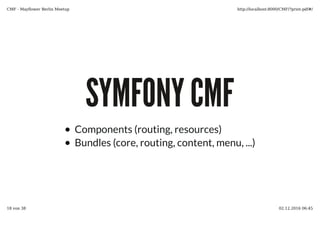 SYMFONY CMF
Components (routing, resources)
Bundles (core, routing, content, menu, ...)
 