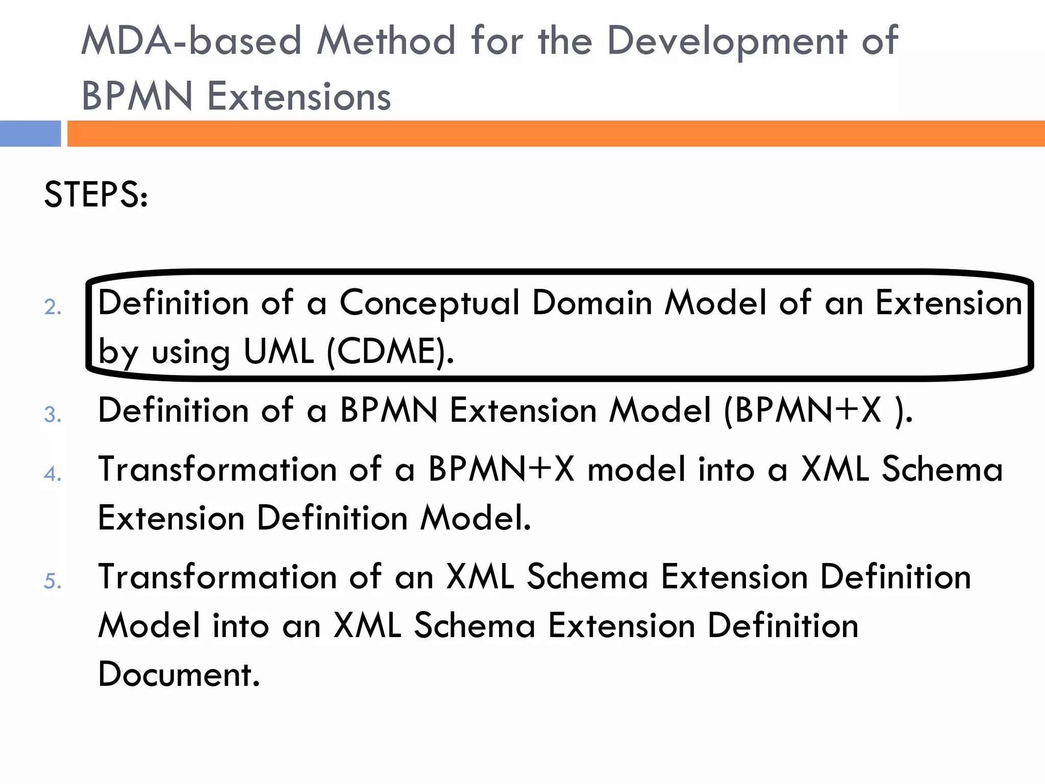 STEPS: Definition of a Conceptual Domain Model of an Extension by using UML (CDME). Definition of a BPMN Extension Model (BPMN+X ). Transformation of a BPMN+X model into a XML Schema Extension Definition Model. Transformation of an XML Schema Extension Definition Model into an XML Schema Extension Definition Document. MDA-based Method for the Development of BPMN Extensions 