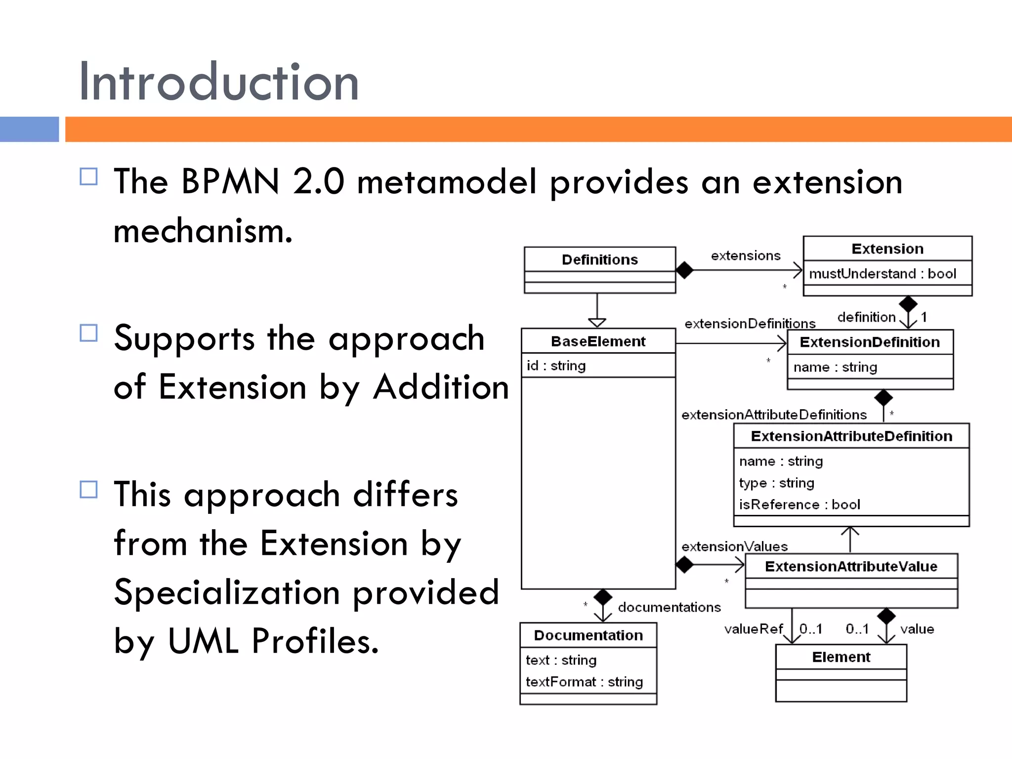 Introduction The BPMN 2.0 metamodel provides an extension mechanism. Supports the approach  of Extension by Addition. This approach differs from the Extension by  Specialization provided by UML Profiles.  