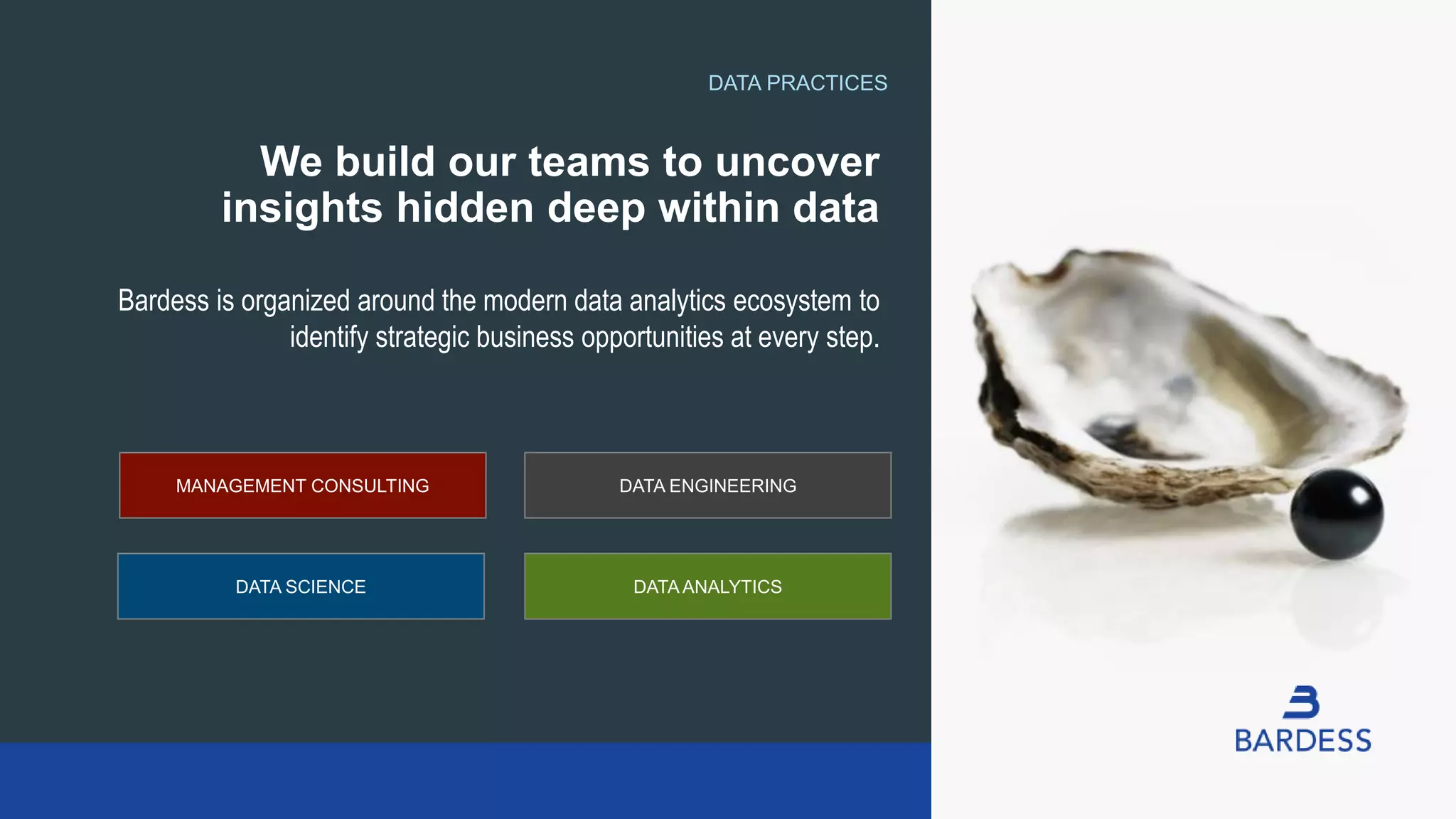 • Bardess is organized around the modern data analytics ecosystem to
identify strategic business opportunities at every step.
•
• We build our teams to uncover
insights hidden deep within data
MANAGEMENT CONSULTING DATA ENGINEERING
DATA SCIENCE DATA ANALYTICS
DATA PRACTICES
 