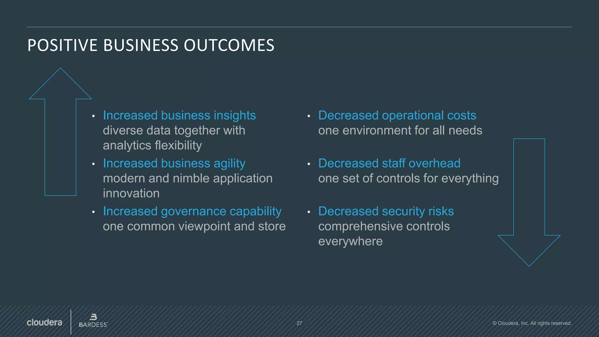 27 © Cloudera, Inc. All rights reserved.
POSITIVE BUSINESS OUTCOMES
• Increased business insights
diverse data together with
analytics flexibility
• Increased business agility
modern and nimble application
innovation
• Increased governance capability
one common viewpoint and store
• Decreased operational costs
one environment for all needs
blahhhhh
• Decreased staff overhead
one set of controls for everything
blahhhh
• Decreased security risks
comprehensive controls
everywhere
 