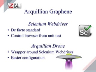 Arquillian Graphene
Selenium Webdriver
• De facto standard
• Control browser from unit test
Arquillian Drone
• Wrapper around Selenium Webdriver
• Easier configuration
 