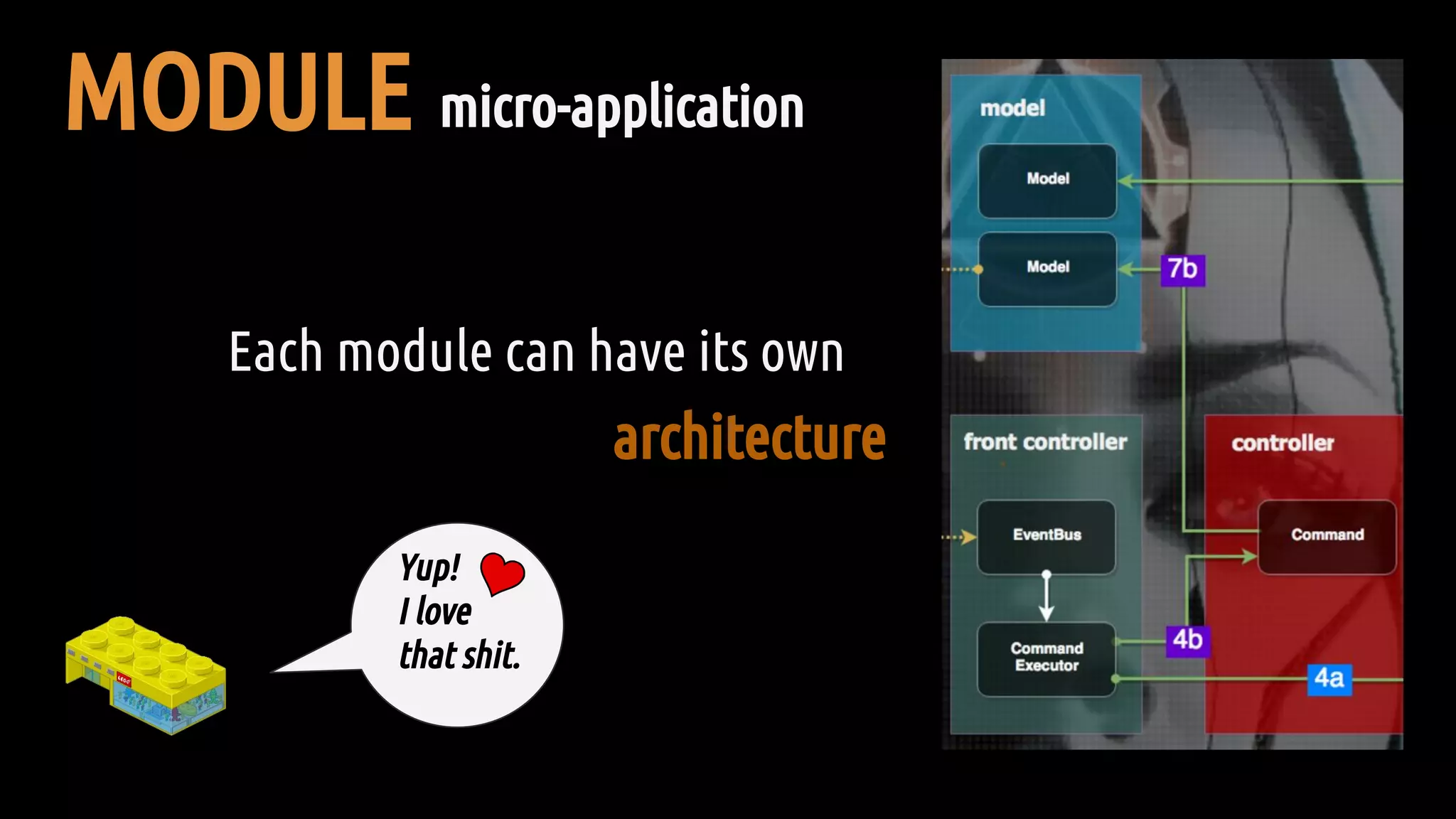 MODULE micro-application
Each module can have its own
architecture
Yup!
I love
that shit.
 