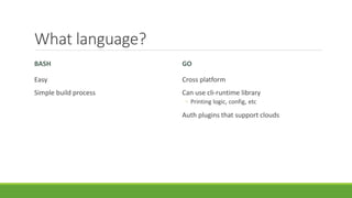 What language?
BASH
Easy
Simple build process
GO
Cross platform
Can use cli-runtime library
◦ Printing logic, config, etc
Auth plugins that support clouds
 