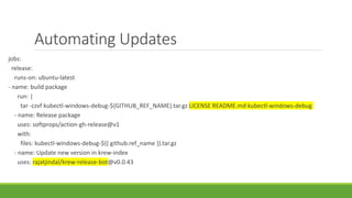 Automating Updates
jobs:
release:
runs-on: ubuntu-latest
- name: build package
run: |
tar -czvf kubectl-windows-debug-${GITHUB_REF_NAME}.tar.gz LICENSE README.md kubectl-windows-debug
- name: Release package
uses: softprops/action-gh-release@v1
with:
files: kubectl-windows-debug-${{ github.ref_name }}.tar.gz
- name: Update new version in krew-index
uses: rajatjindal/krew-release-bot@v0.0.43
 