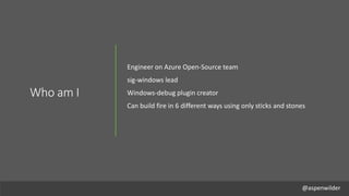Who am I
Engineer on Azure Open-Source team
sig-windows lead
Windows-debug plugin creator
Can build fire in 6 different wa...