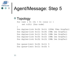 Agent/Message: Step 5
    Topology
     for {set i 0} {$i < 6} {incr i} {
         set n($i) [$ns node]
     }
     $ns duplex-link $n(0) $n(1) 128kb 50ms DropTail
     $ns duplex-link $n(1) $n(4) 10Mb 1ms DropTail
     $ns duplex-link $n(1) $n(5) 10Mb 1ms DropTail
     $ns duplex-link $n(0) $n(2) 10Mb 1ms DropTail
     $ns duplex-link $n(0) $n(3) 10Mb 1ms DropTail

     $ns queue-limit $n(0) $n(1) 5
     $ns queue-limit $n(1) $n(0) 5



11
 