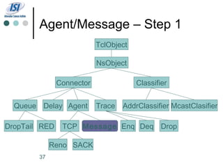 Agent/Message – Step 1
                           TclObject

                           NsObject

               Connector               Classifier


  Queue Delay Agent        Trace   AddrClassifier McastClasifier

DropTail RED    TCP Message Enq Deq Drop

             Reno SACK
        37
 