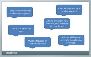 All data arriving in Json
from API, shall we store
it in that format
Must be focussed on
fast data retrieval
All data will be read
only, why the relational
overhead?
Can’t we build this on a
smaller footprint
That’s a lot of data to
sync
Those are heavy queries
on the current system
 