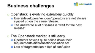 Business challenges
   Openstack is evolving extremely quickly
     Users/developers/vendors/operators are not always
      synced up on the same release.
     The answer to a lot of issues is “wait for the next
      release”.

   The Openstack market is still early
     Operators haven’t quite nailed down their
      requirements/differentiation/solution set
     Lots of fragmentation = lots of confusion
 