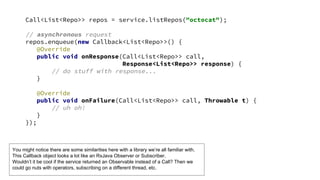 Call<List<Repo>> repos = service.listRepos("octocat");
// asynchronous request
repos.enqueue(new Callback<List<Repo>>() {
...
