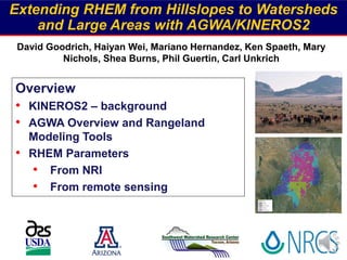 Extending RHEM from Hillslopes to Watersheds
and Large Areas with AGWA/KINEROS2
David Goodrich, Haiyan Wei, Mariano Hernandez, Ken Spaeth, Mary
Nichols, Shea Burns, Phil Guertin, Carl Unkrich
Overview
• KINEROS2 – background
• AGWA Overview and Rangeland
Modeling Tools
• RHEM Parameters
• From NRI
• From remote sensing
 
