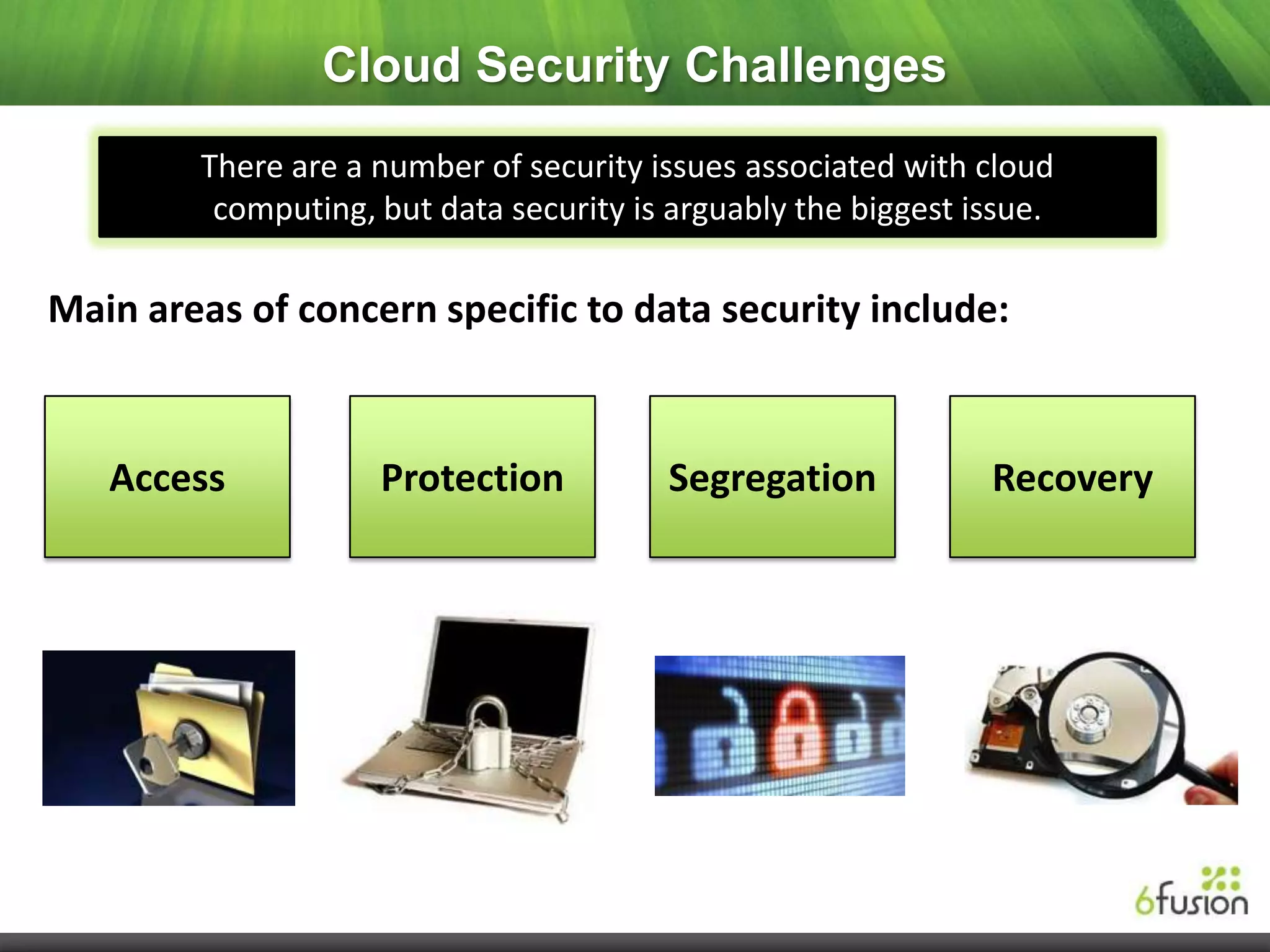 Cloud Security Challenges
        There are a number of security issues associated with cloud
         computing, but data security is arguably the biggest issue.

Main areas of concern specific to data security include:


   Access           Protection          Segregation            Recovery
 