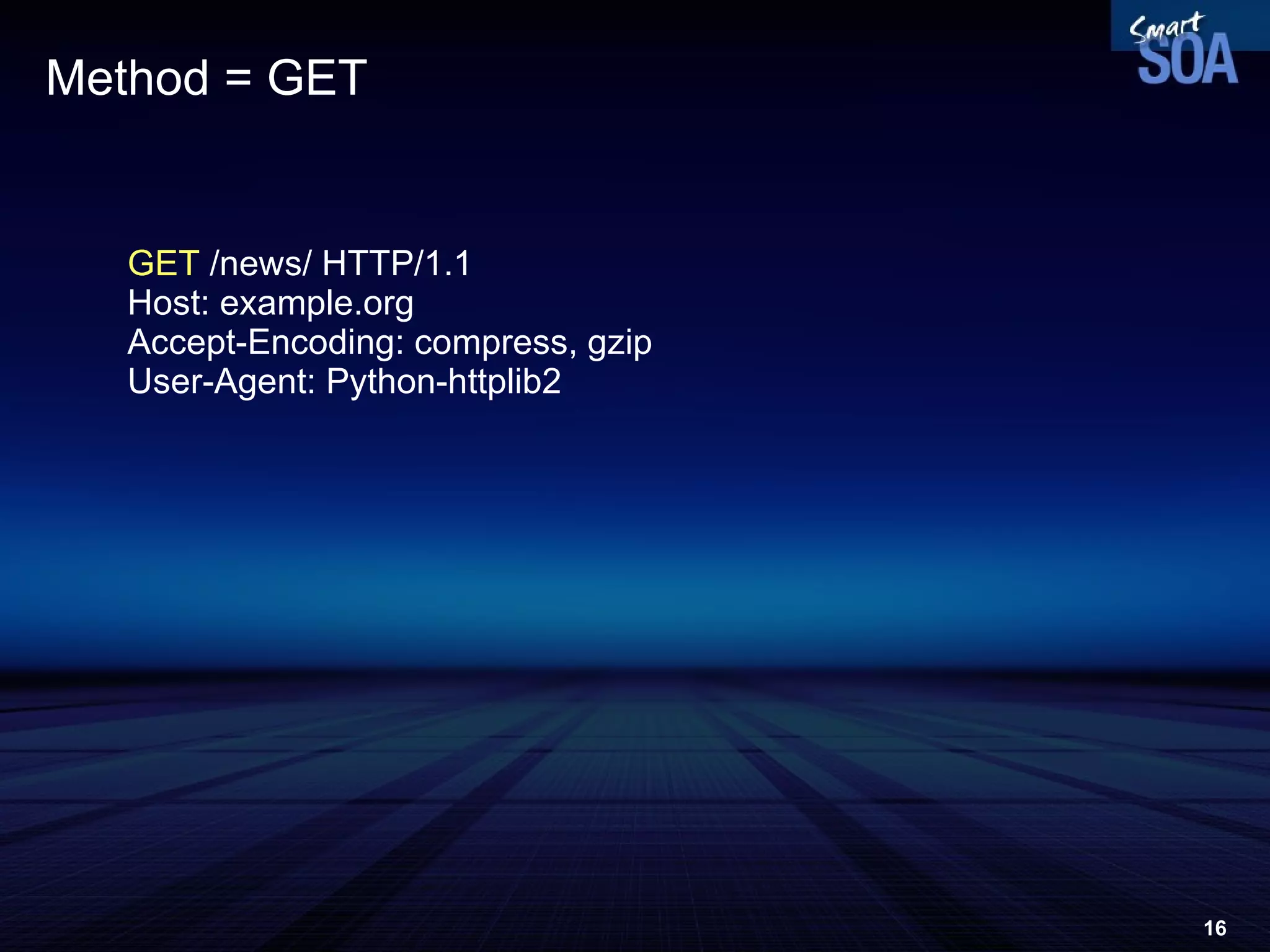 Method = GET GET  /news/ HTTP/1.1 Host: example.org Accept-Encoding: compress, gzip User-Agent: Python-httplib2 
