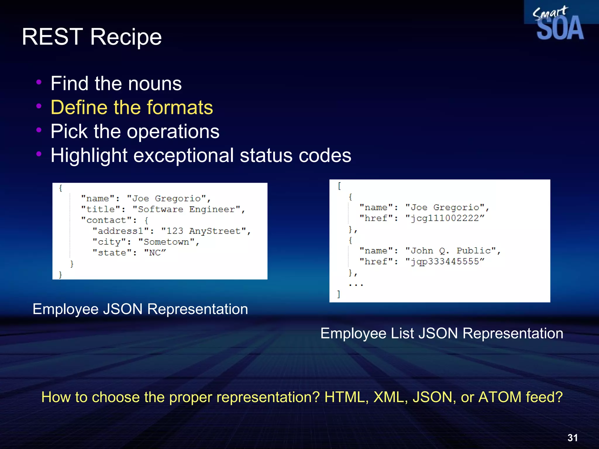 REST Recipe Find the nouns Define the formats Pick the operations Highlight exceptional status codes Employee JSON Representation  Employee List JSON Representation  How to choose the proper representation? HTML, XML,  JSON, or ATOM feed? 