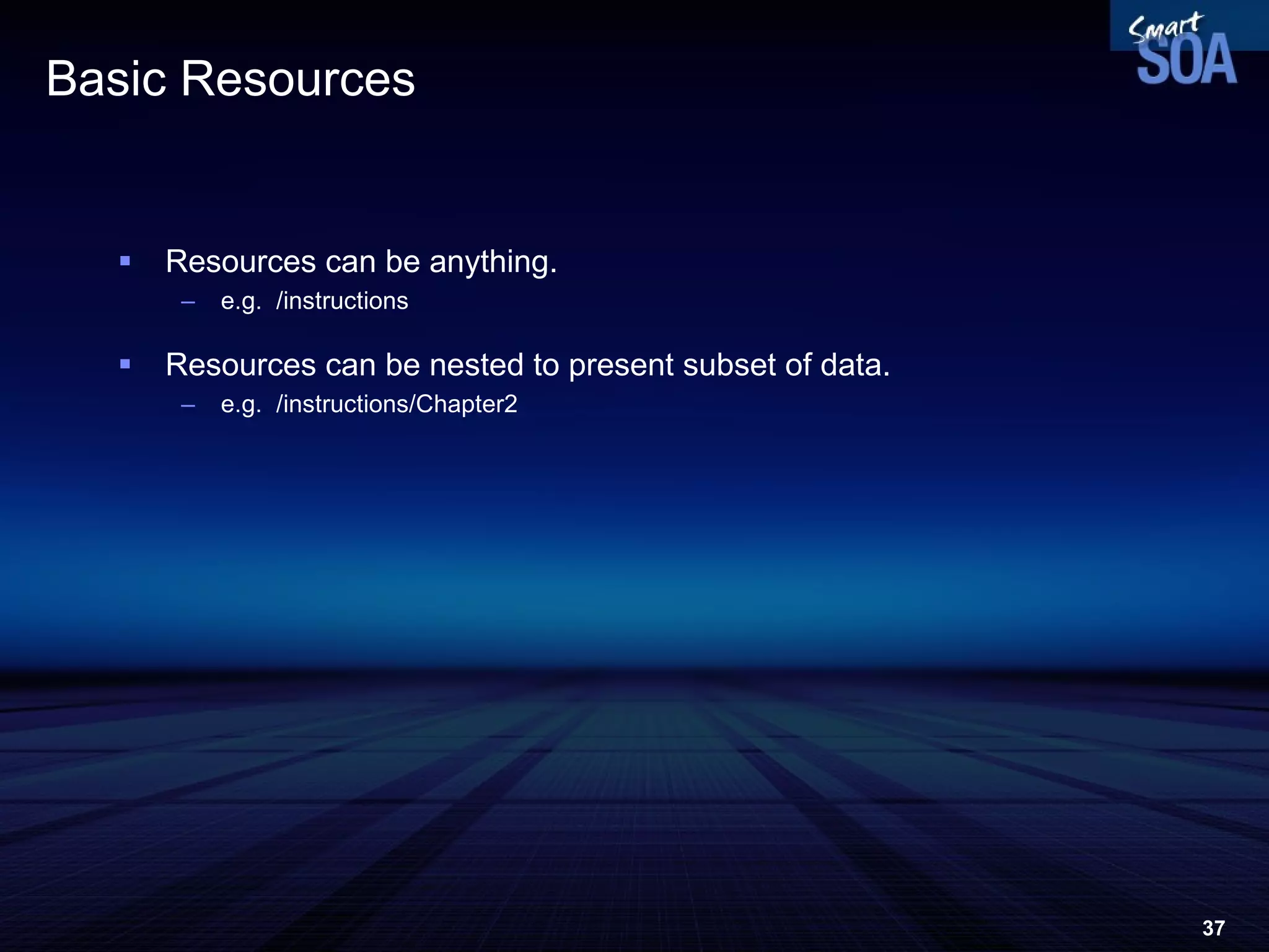 Basic Resources Resources can be anything. e.g.  /instructions Resources can be nested to present subset of data. e.g.  /instructions/Chapter2 