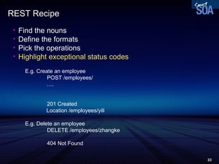 REST Recipe Find the nouns Define the formats Pick the operations Highlight exceptional status codes E.g. Create an employee POST /employees/ … . 201 Created Location /employees/yili E.g. Delete an employee  DELETE /employees/zhangke 404 Not Found 