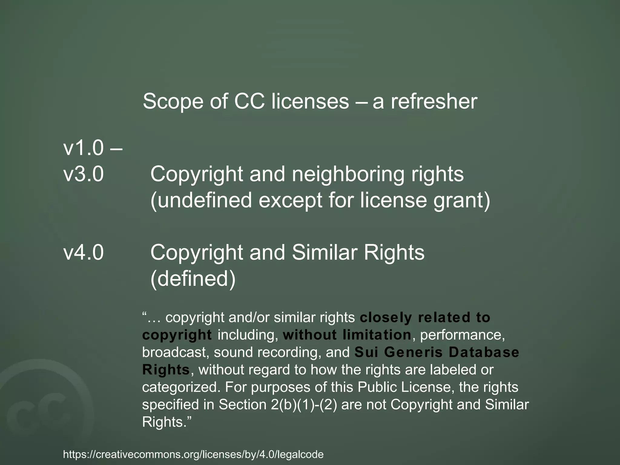 Scope of CC licenses – a refresher
v1.0 –
v3.0 Copyright and neighboring rights
(undefined except for license grant)
v4.0 Copyright and Similar Rights
(defined)
“… copyright and/or similar rights closely related to
copyright including, without limitation, performance,
broadcast, sound recording, and Sui Generis Database
Rights, without regard to how the rights are labeled or
categorized. For purposes of this Public License, the rights
specified in Section 2(b)(1)-(2) are not Copyright and Similar
Rights.”
https://creativecommons.org/licenses/by/4.0/legalcode
 
