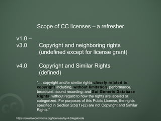 Scope of CC licenses – a refresher
v1.0 –
v3.0 Copyright and neighboring rights
(undefined except for license grant)
v4.0 Copyright and Similar Rights
(defined)
“… copyright and/or similar rights closely related to
copyright including, without limitation, performance,
broadcast, sound recording, and Sui Generis Database
Rights, without regard to how the rights are labeled or
categorized. For purposes of this Public License, the rights
specified in Section 2(b)(1)-(2) are not Copyright and Similar
Rights.”
https://creativecommons.org/licenses/by/4.0/legalcode
 