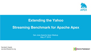 Extending the Yahoo
Streaming Benchmark for Apache Apex
San Jose Apache Apex Meetup
May 4th
2016
Sandesh Hegde
sandesh@apache.org
 