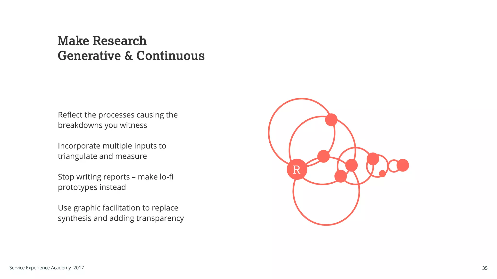 Reflect the processes causing the
breakdowns you witness
Incorporate multiple inputs to
triangulate and measure
Stop writing reports – make lo-fi
prototypes instead
Use graphic facilitation to replace
synthesis and adding transparency
Make Research
Generative & Continuous
R
35Service Experience Academy 2017
 