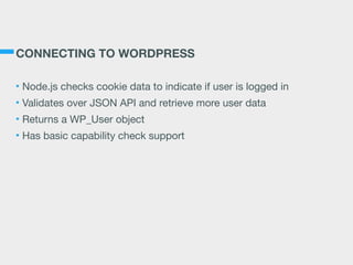 CONNECTING TO WORDPRESS
• Node.js checks cookie data to indicate if user is logged in

• Validates over JSON API and retrieve more user data

• Returns a WP_User object

• Has basic capability check support
 