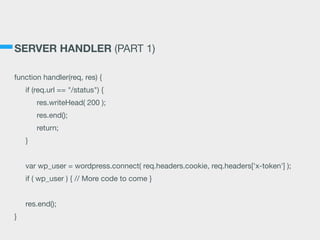 SERVER HANDLER (PART 1)
function handler(req, res) {

if (req.url == "/status") {

res.writeHead( 200 );

res.end();

return;

}

var wp_user = wordpress.connect( req.headers.cookie, req.headers['x-token'] );

if ( wp_user ) { // More code to come }

res.end();

}
 