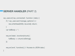 SERVER HANDLER (PART 2)
wp_user.on('wp_connected', function ( data ) {

if ( ! wp_user.can('manage_options') ) {

res.writeHead(403); res.end(); return;

}

var fullBody = ‘';

req.on('data', function(chunk) {

fullBody += chunk.toString();

});

req.on('end', function() { // Access to JSON data }

}
 