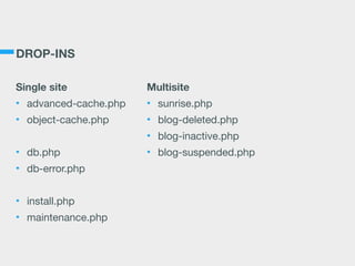 DROP-INS
Single site
• advanced-cache.php

• object-cache.php

• db.php

• db-error.php

• install.php

• maintenance.php

Multisite
• sunrise.php

• blog-deleted.php

• blog-inactive.php

• blog-suspended.php
 
