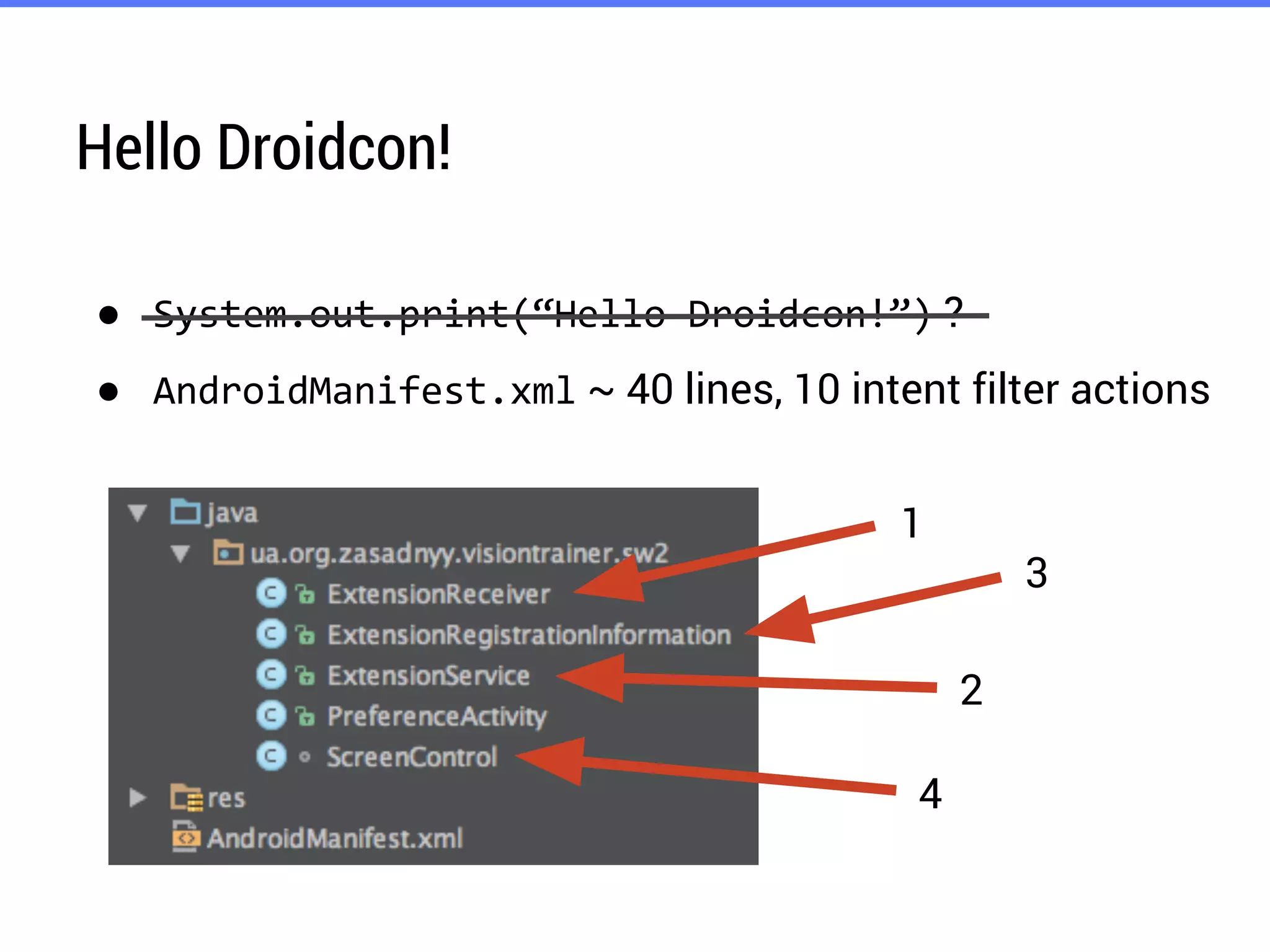 Hello Droidcon!
● ?
● ~ 40 lines, 10 intent filter actions
1
2
4
3