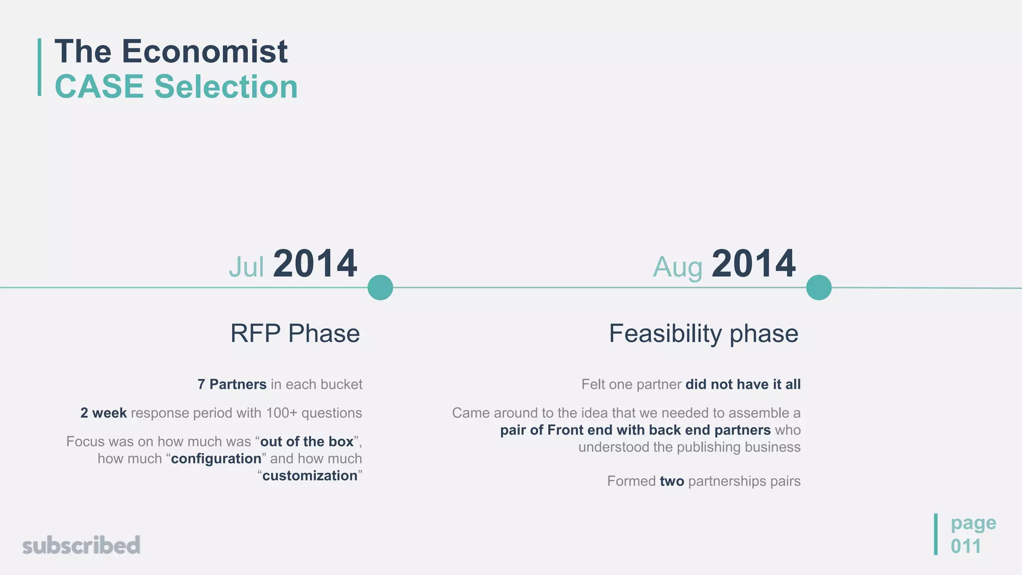 Feasibility phase
Aug 2014
Felt one partner did not have it all
Came around to the idea that we needed to assemble a
pair of Front end with back end partners who
understood the publishing business
Formed two partnerships pairs
page
011
Jul 2014
RFP Phase
7 Partners in each bucket
2 week response period with 100+ questions
Focus was on how much was “out of the box”,
how much “configuration” and how much
“customization”
The Economist
CASE Selection
 