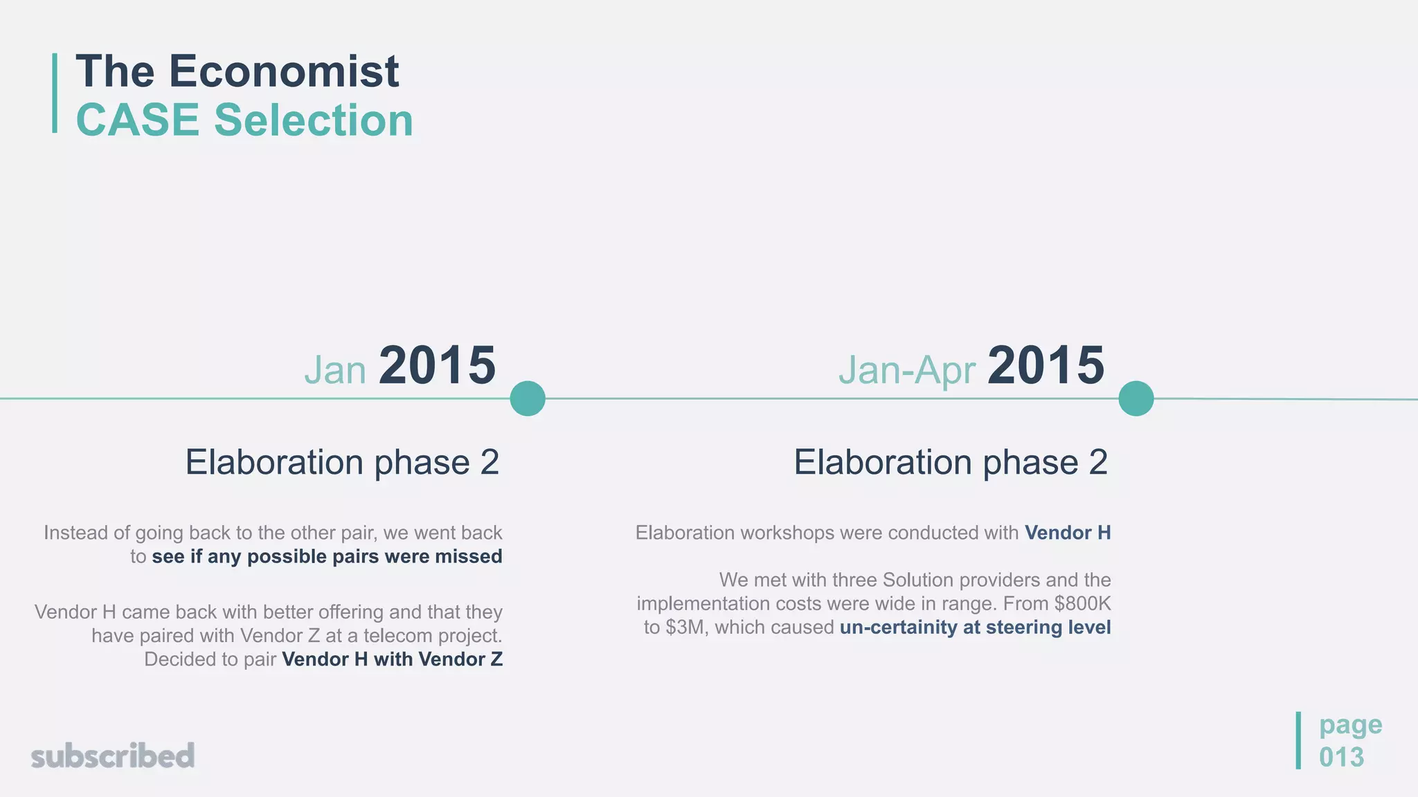 Elaboration phase 2
Jan-Apr 2015
Elaboration workshops were conducted with Vendor H
We met with three Solution providers and the
implementation costs were wide in range. From $800K
to $3M, which caused un-certainity at steering level
page
013
Jan 2015
Elaboration phase 2
Instead of going back to the other pair, we went back
to see if any possible pairs were missed
Vendor H came back with better offering and that they
have paired with Vendor Z at a telecom project.
Decided to pair Vendor H with Vendor Z
The Economist
CASE Selection
 