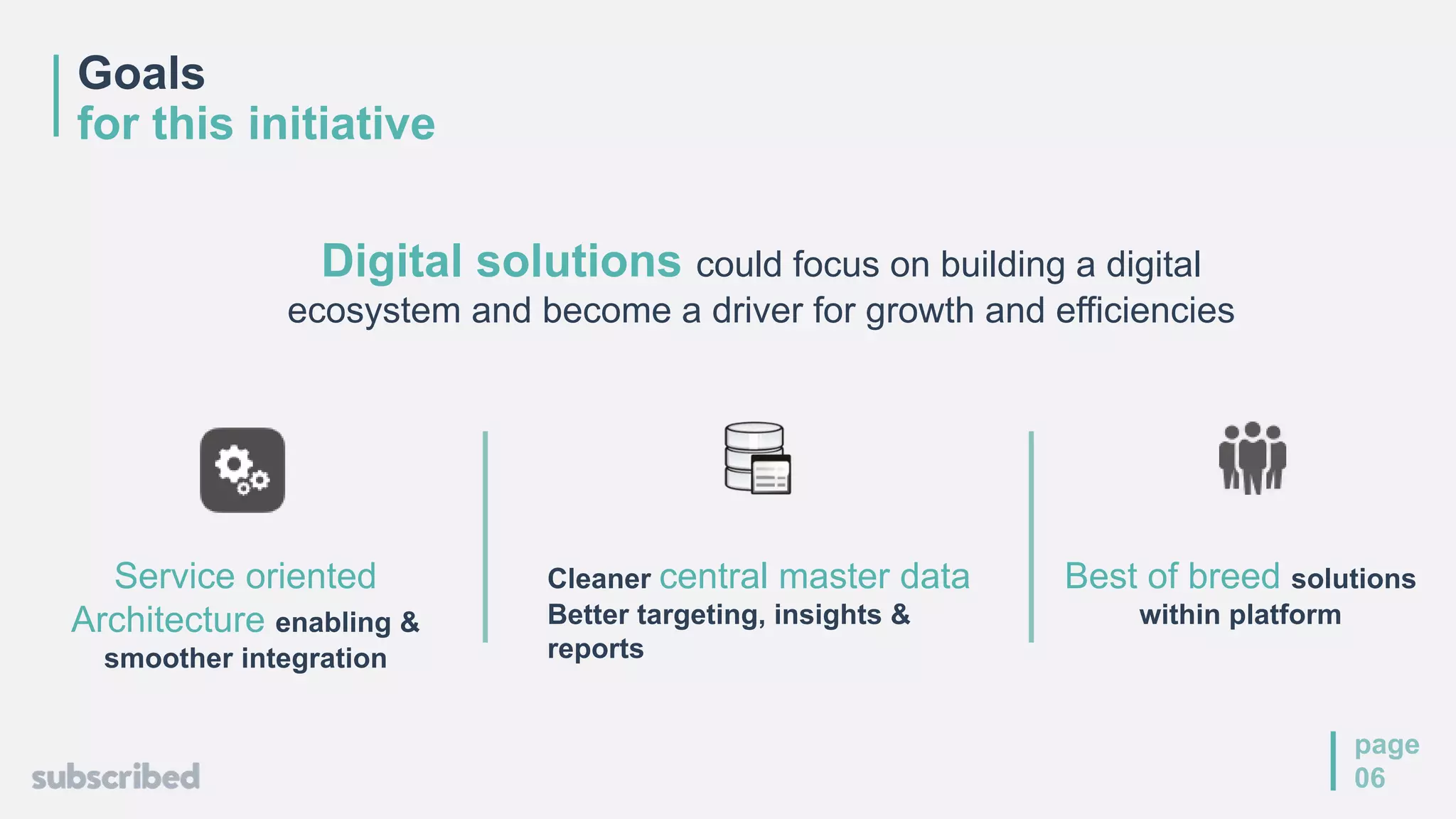 Goals
for this initiative
page
06
Best of breed solutions
within platform
Digital solutions could focus on building a digital
ecosystem and become a driver for growth and efficiencies
Cleaner central master data
Better targeting, insights &
reports
Service oriented
Architecture enabling &
smoother integration
 