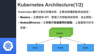 Kubernetes Architecture(1/2)
Kubernetes 屬於分散式架構系統，主要由兩兩種節點⾓角⾊色組成：
• Masters – 主要提供 API、管理理⼯工作節點與排程等，為主節點。
• Nodes(Minions)...