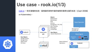 Use case - rook.io(1/3)
rook.io: ⼀一款⽀支援檔案系統、區塊儲存與物件儲存服務的雲原⽣生儲存系統。(Ceph 改良版
on Kubenretes)。
 