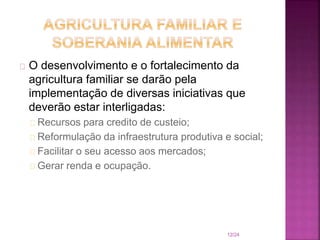 O desenvolvimento e o fortalecimento da
agricultura familiar se darão pela
implementação de diversas iniciativas que
deverão estar interligadas:
Recursos para credito de custeio;
Reformulação da infraestrutura produtiva e social;
Facilitar o seu acesso aos mercados;
Gerar renda e ocupação.
12/24
 