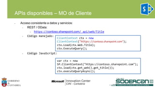 APIs disponibles – MO de Cliente
• Acceso consistente a datos y servicios:
• REST / OData:
• https://contoso.sharepoint.com/_api/web/Title
• Código manejado:
• Código JavaScript:
ClientContext ctx = new
ClientContext("https://contoso.sharepoint.com");
ctx.Load(ctx.Web.Title);
ctx.ExecuteQuery();
var ctx = new
SP.ClientContext("https://contoso.sharepoint.com");
ctx.load(ctx.get_web().get_title());
ctx.executeQueryAsync();
 