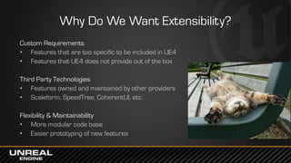 Why Do We Want Extensibility?
Custom Requirements
• Features that are too specific to be included in UE4
• Features that U...