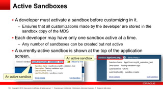 Copyright © 2013, Oracle and/or its affiliates. All rights reserved. Proprietary and Confidential – Distributed to Authorized Customers Subject to Safe Harbor13
Active Sandboxes
 A developer must activate a sandbox before customizing in it.
– Ensures that all customizations made by the developer are stored in the
sandbox copy of the MDS
 Each developer may have only one sandbox active at a time.
– Any number of sandboxes can be created but not active
 A currently-active sandbox is shown at the top of the application
screen.
An active sandbox
An active sandbox
 